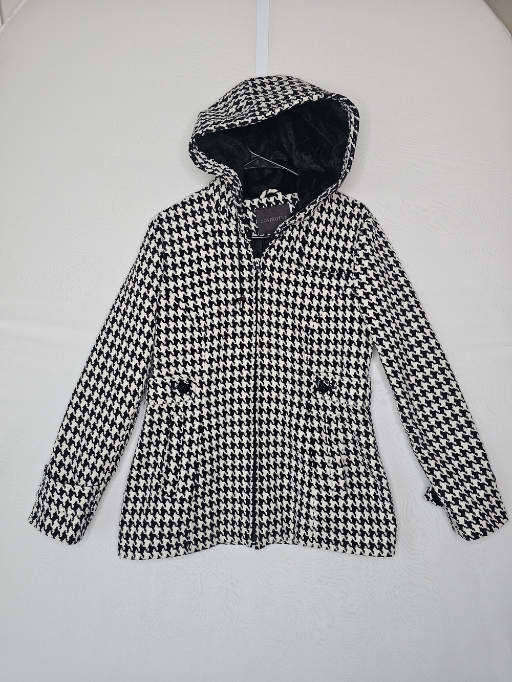 Covington Houndstooth Hooded Jacket Coat Size M Black White Zip Front
